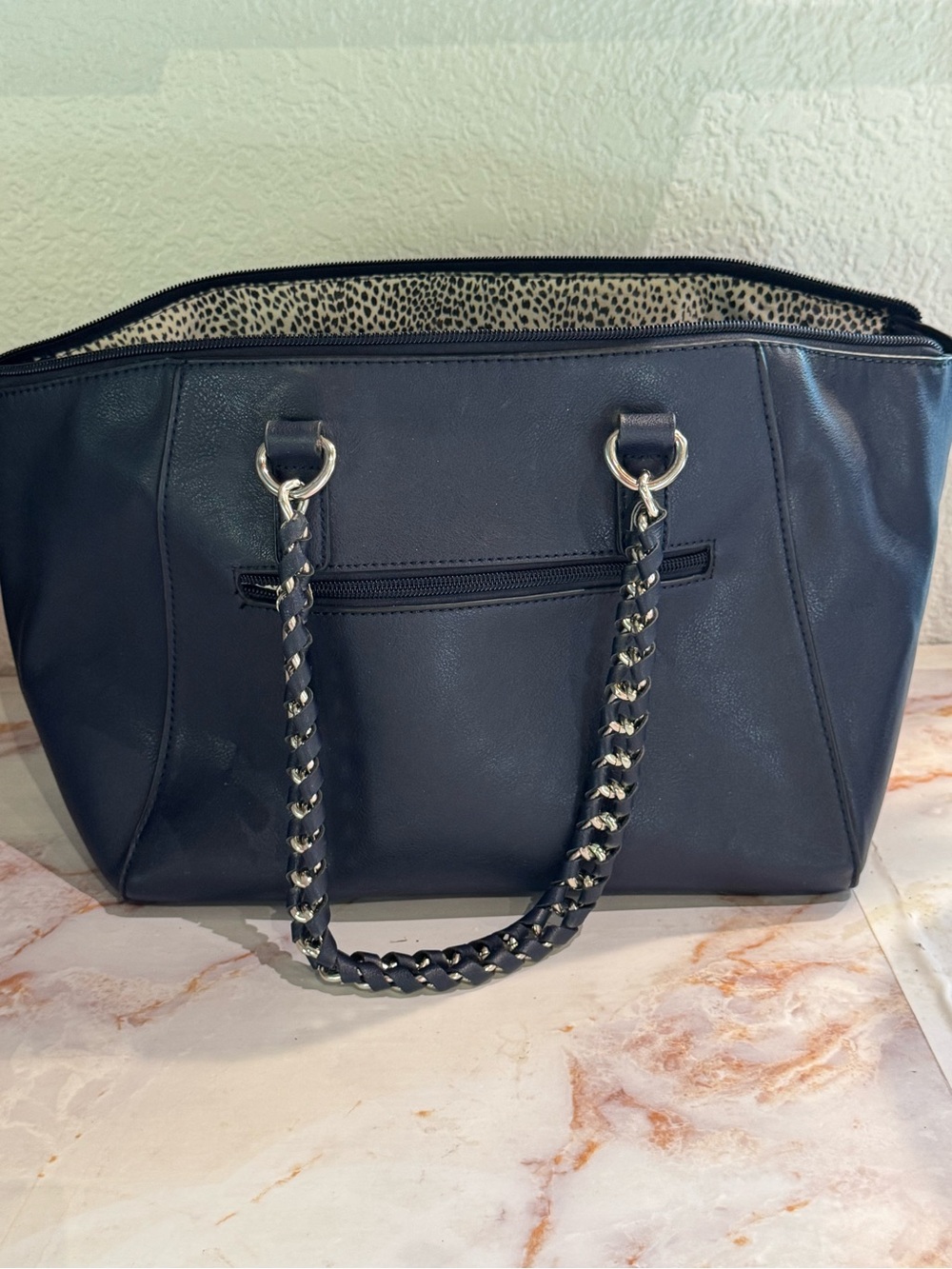 Catherine Malandrino Navy faux leather tote handbag purse with chain handles
